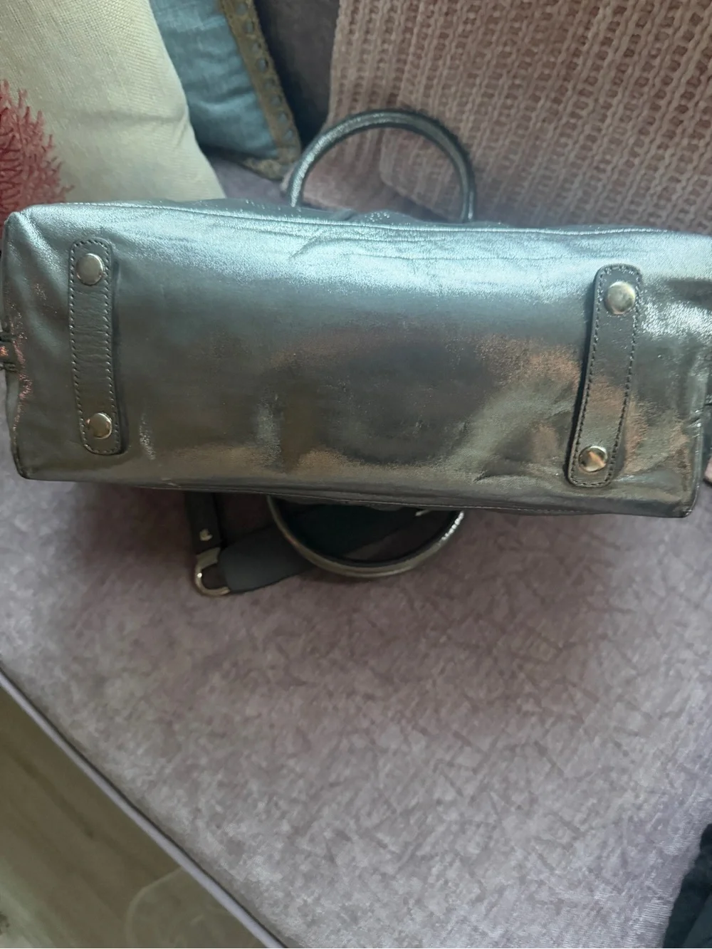 Coach Metallic Silver Leather Satchel with Perforated Detail